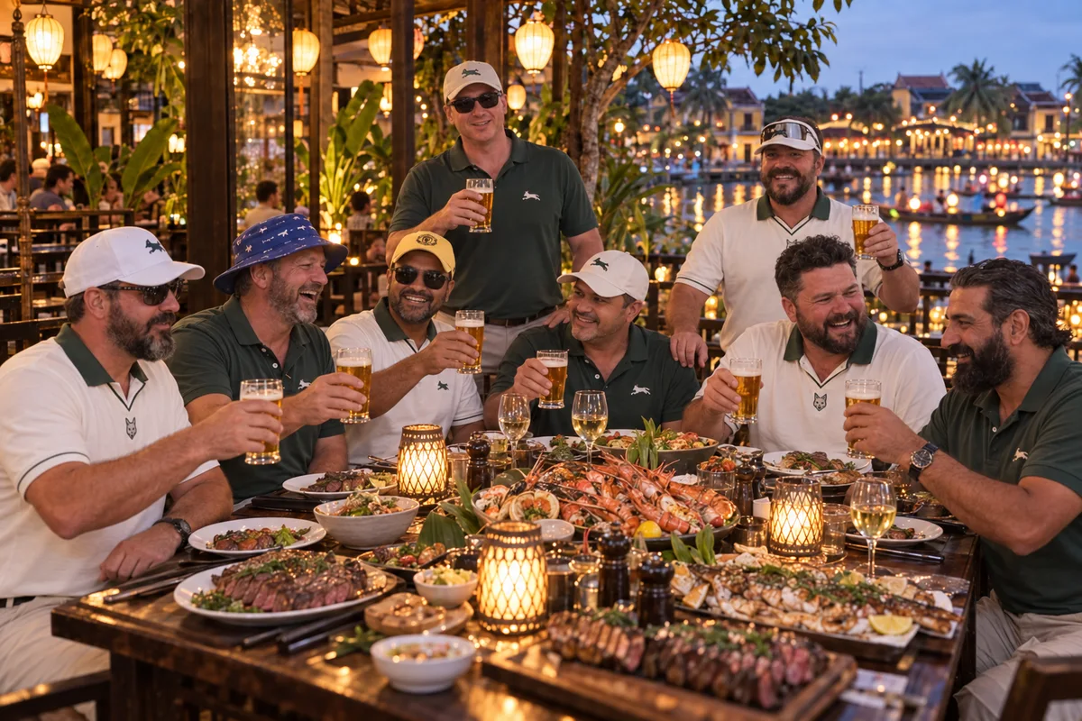 Illustration of BGS golfers enjoying a lively steak and seafood buffet
